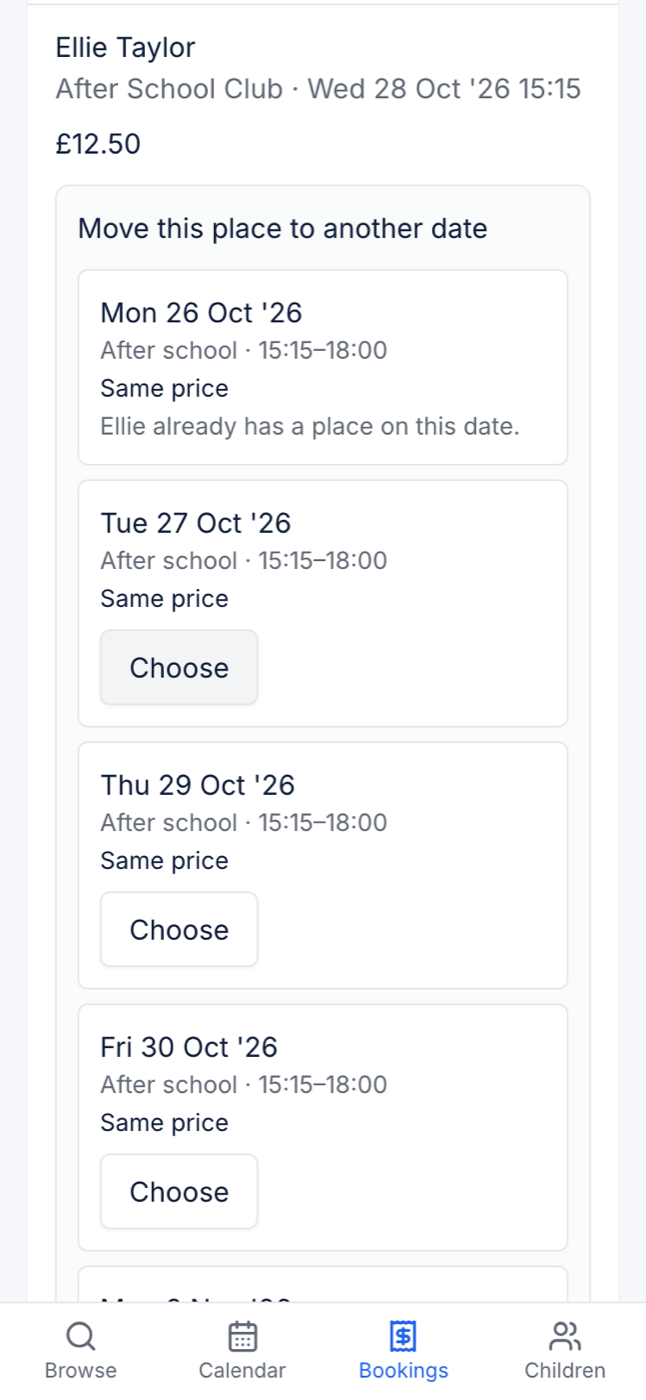 Move this place to another date at 375px, listing the dates you can choose with Same price beside each
