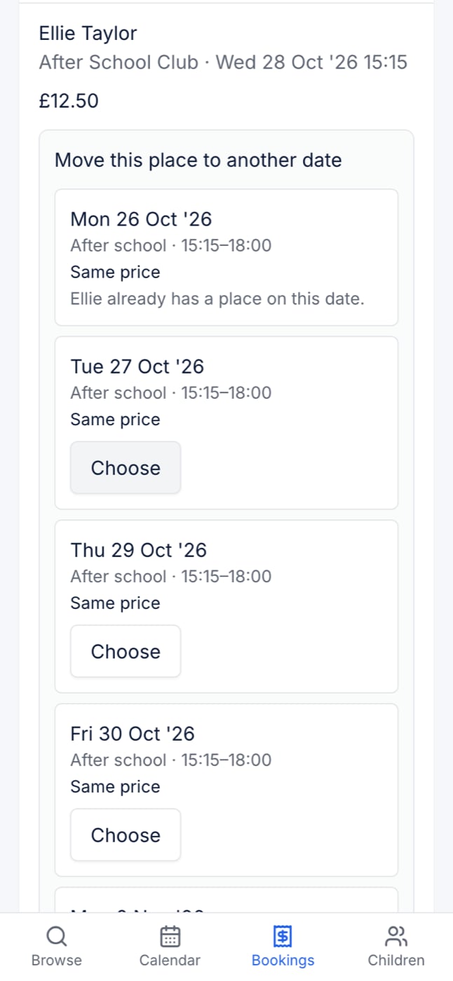 Move this place to another date at 375px, listing the dates you can choose with Same price beside each