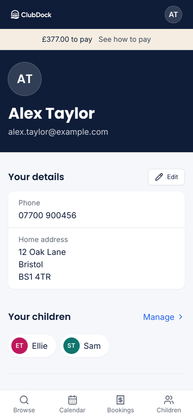 My account at 375px showing the navy plate with your name, and Your details below