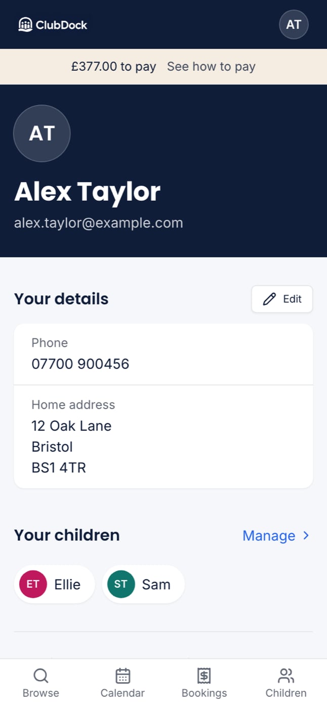 My account at 375px showing the navy plate with your name, and Your details below