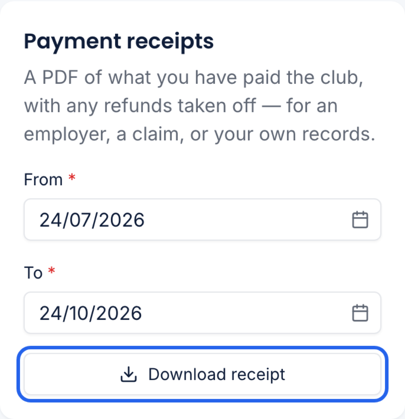 The Payment receipts card at 375px with From and To dates and the Download receipt button