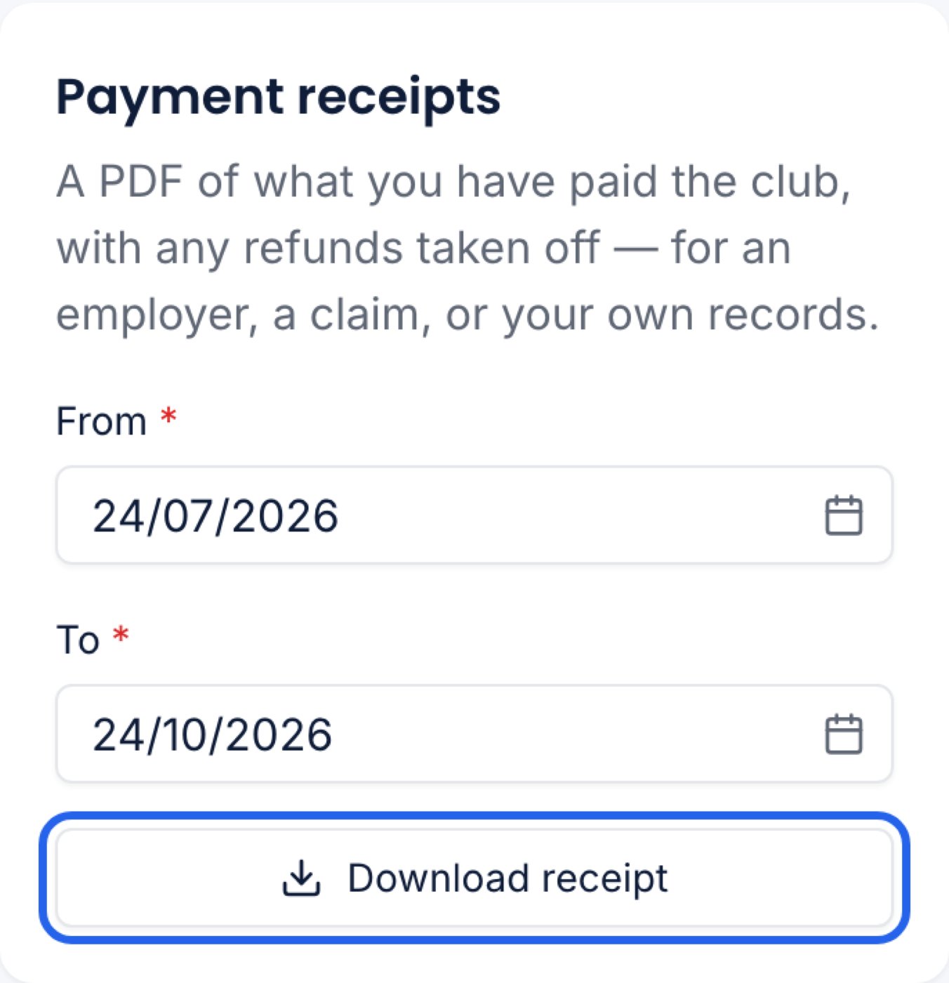The Payment receipts card at 375px with From and To dates and the Download receipt button