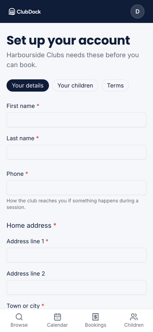 Set up your account on a phone, showing the three steps with Your details in progress