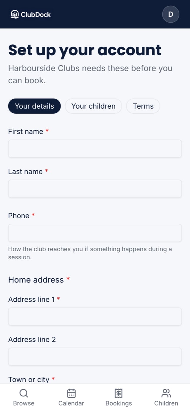 Set up your account on a phone, showing the three steps with Your details in progress