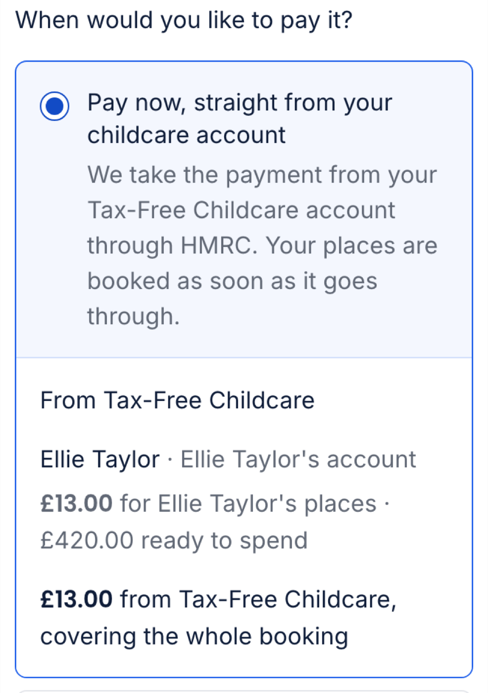 The Pay now card at 375px with Ellie's account linked, showing £13.00 for her places and £420.00 ready to spend