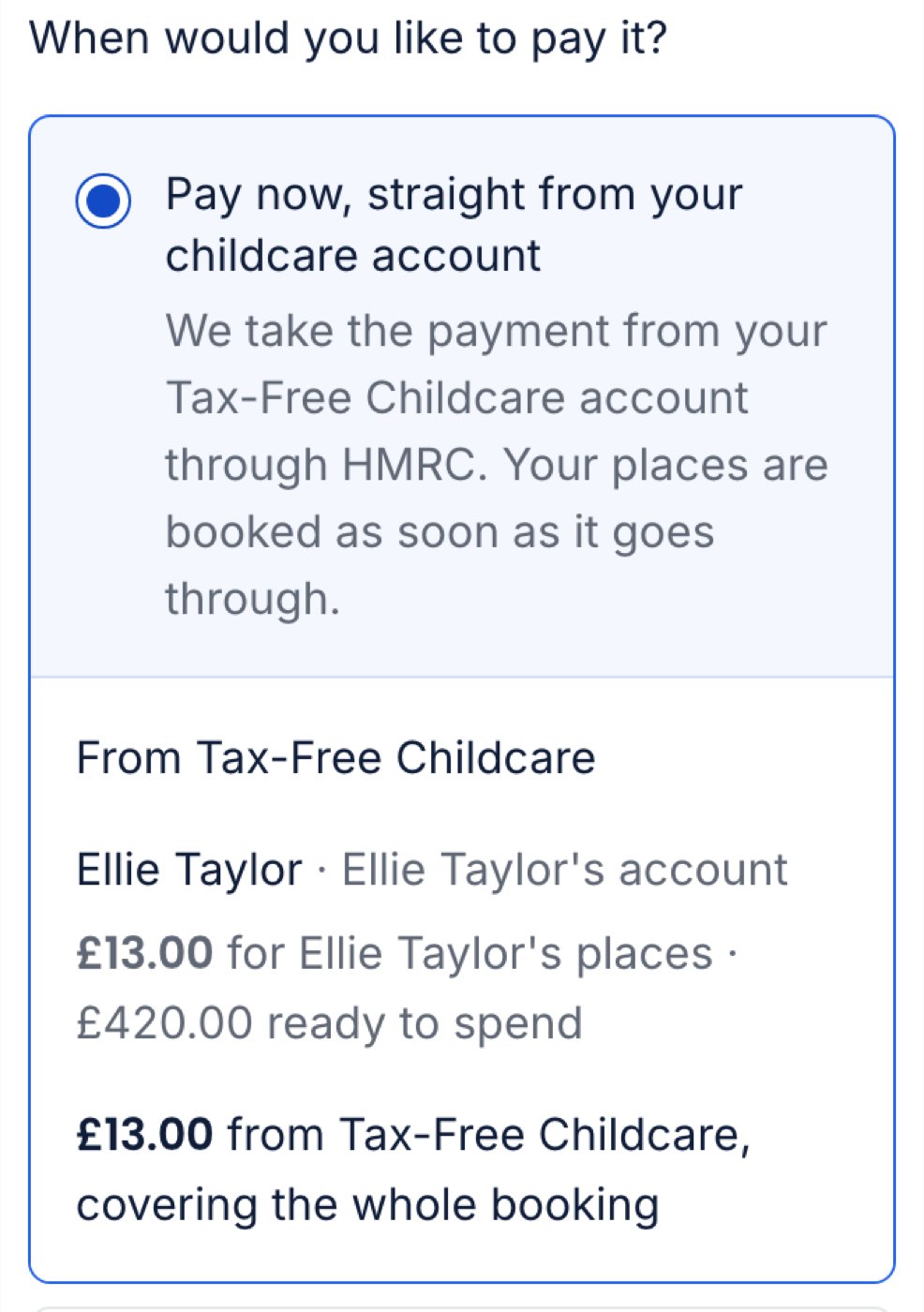 The Pay now card at 375px with Ellie's account linked, showing £13.00 for her places and £420.00 ready to spend