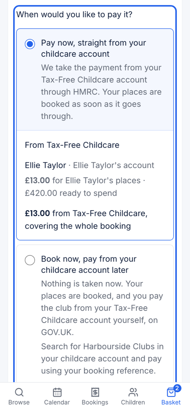 The two Tax-Free Childcare ways in the basket at 375px, Pay now chosen, with Book now, pay later beneath it