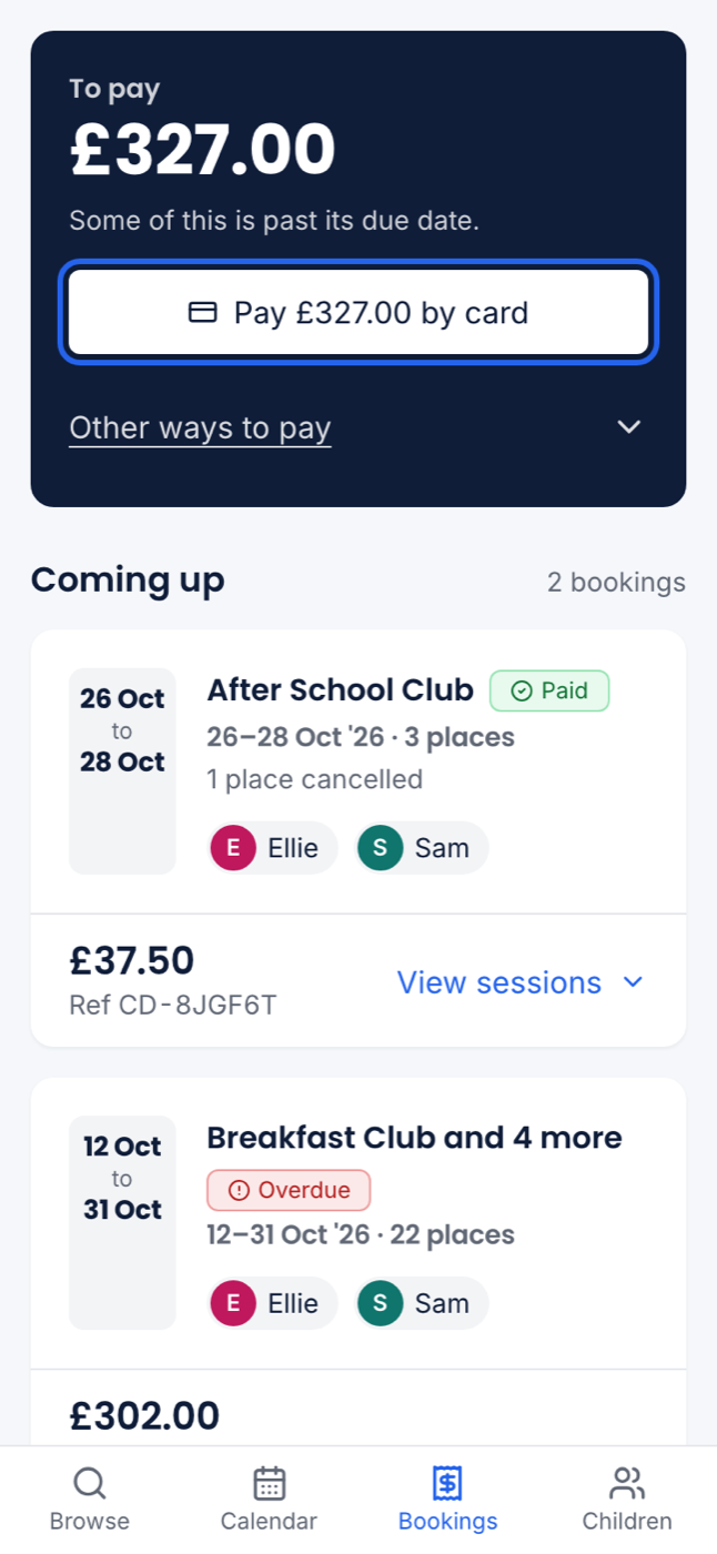 The To pay panel at 375px with £327.00 owed and the Pay £327.00 by card button