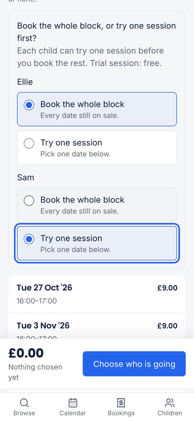Book the whole block, or try one session first? on a phone, with Try one session chosen for one child
