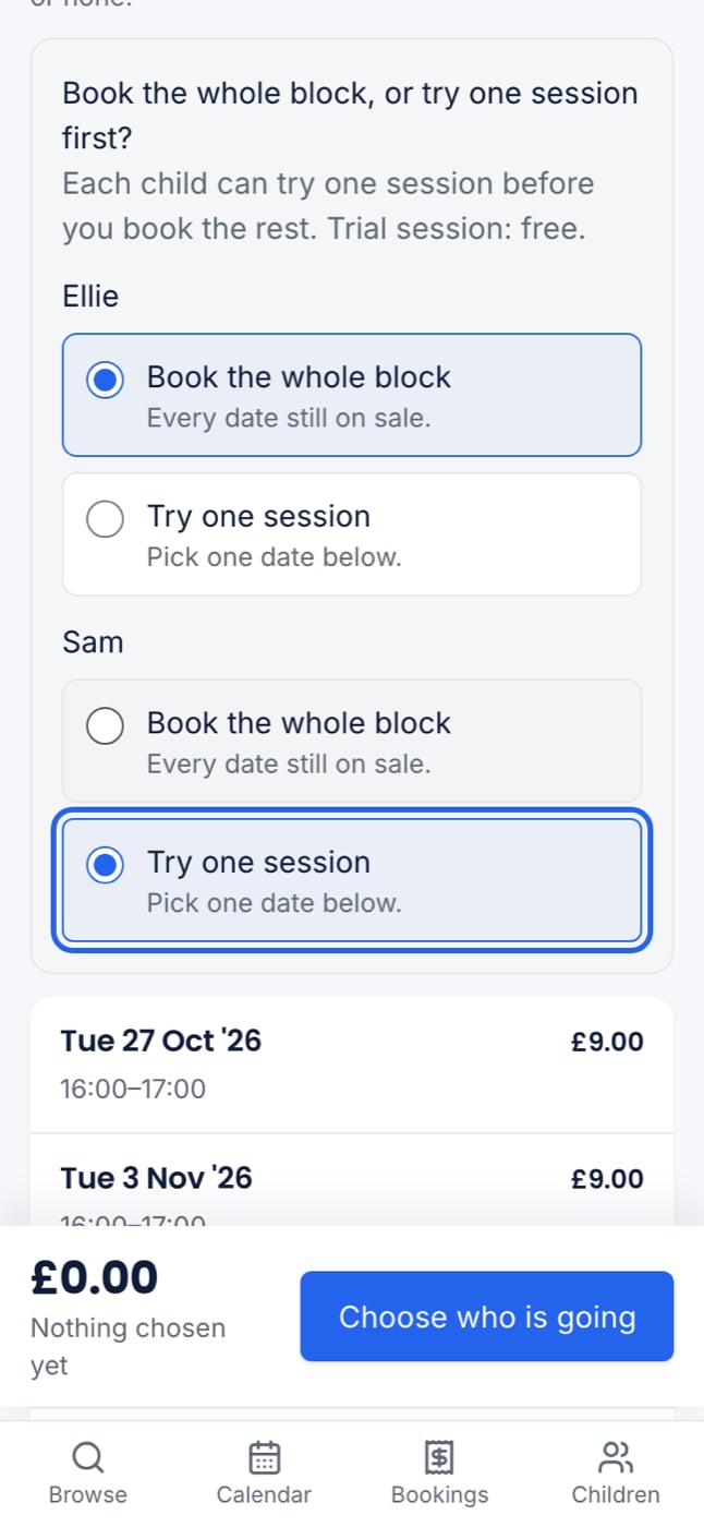 Book the whole block, or try one session first? on a phone, with Try one session chosen for one child