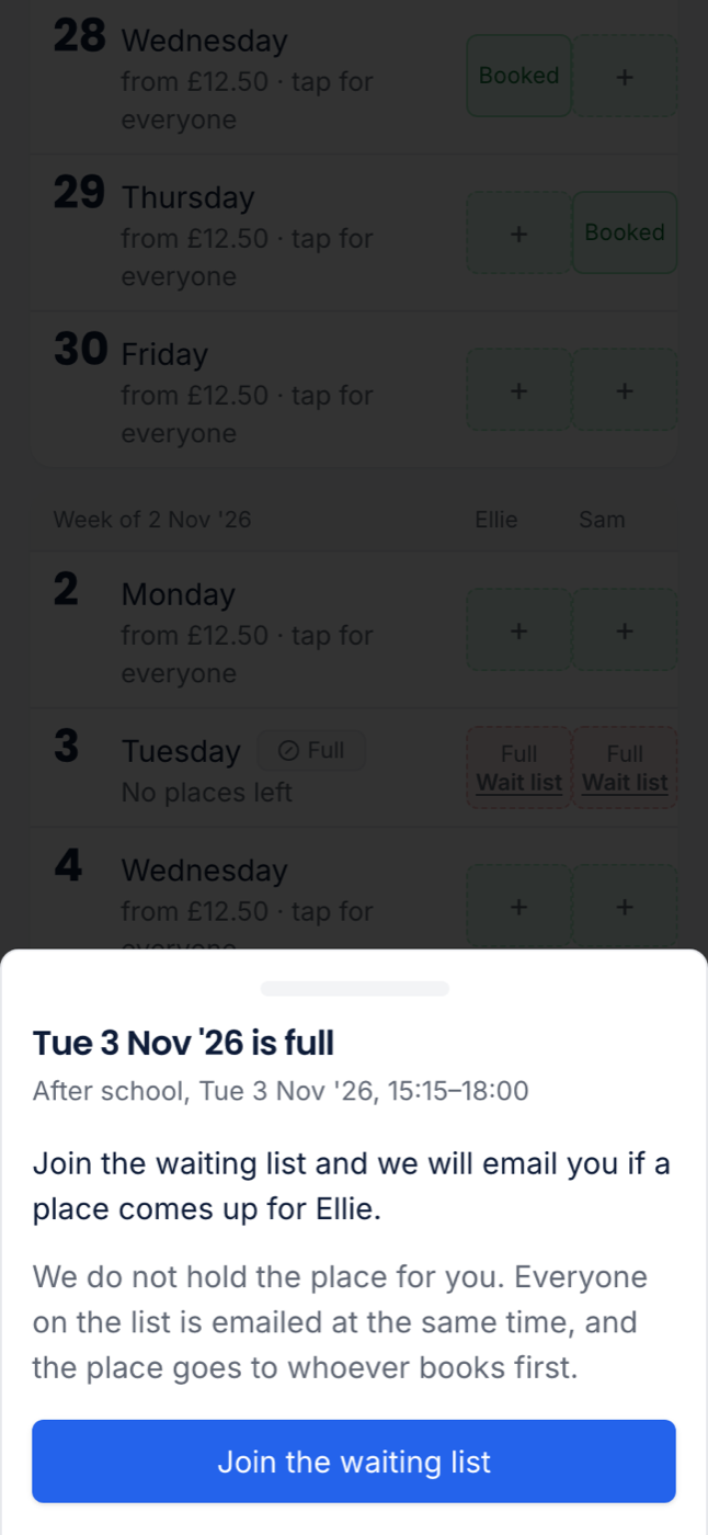 The join the waiting list sheet on a phone for a full day