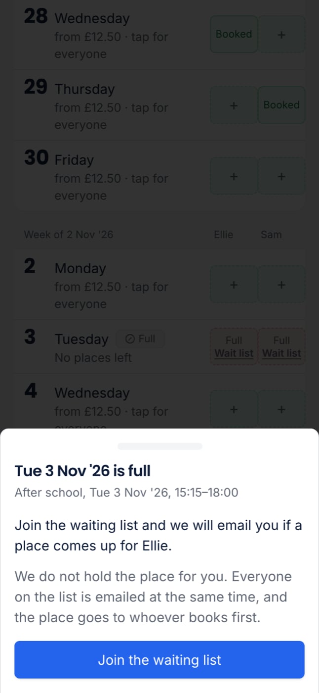 The join the waiting list sheet on a phone for a full day