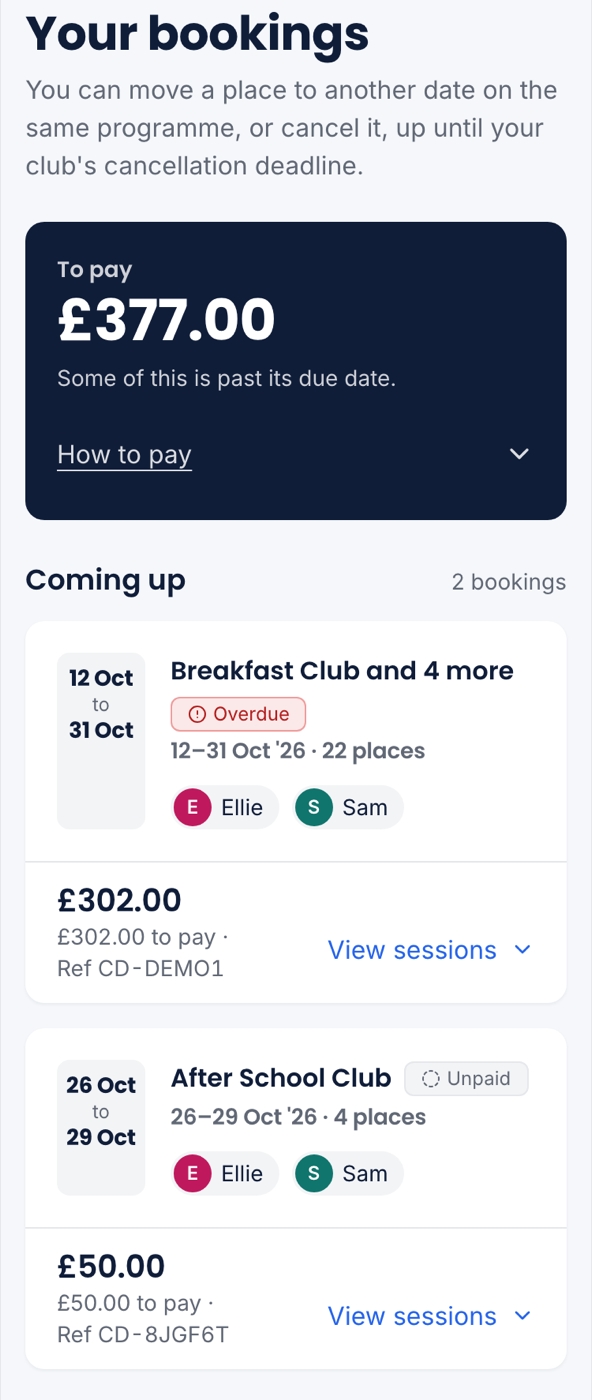 Your bookings at 375px, showing the To pay panel and two booking cards under Coming up