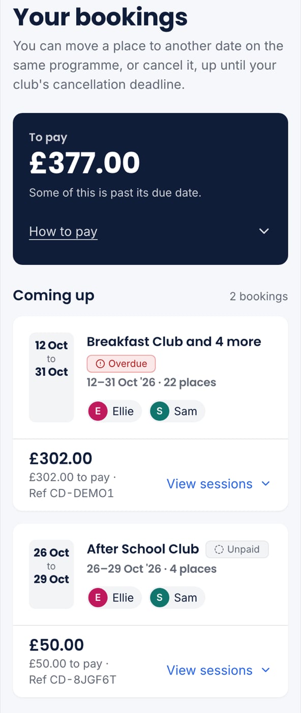 Your bookings at 375px, showing the To pay panel and two booking cards under Coming up