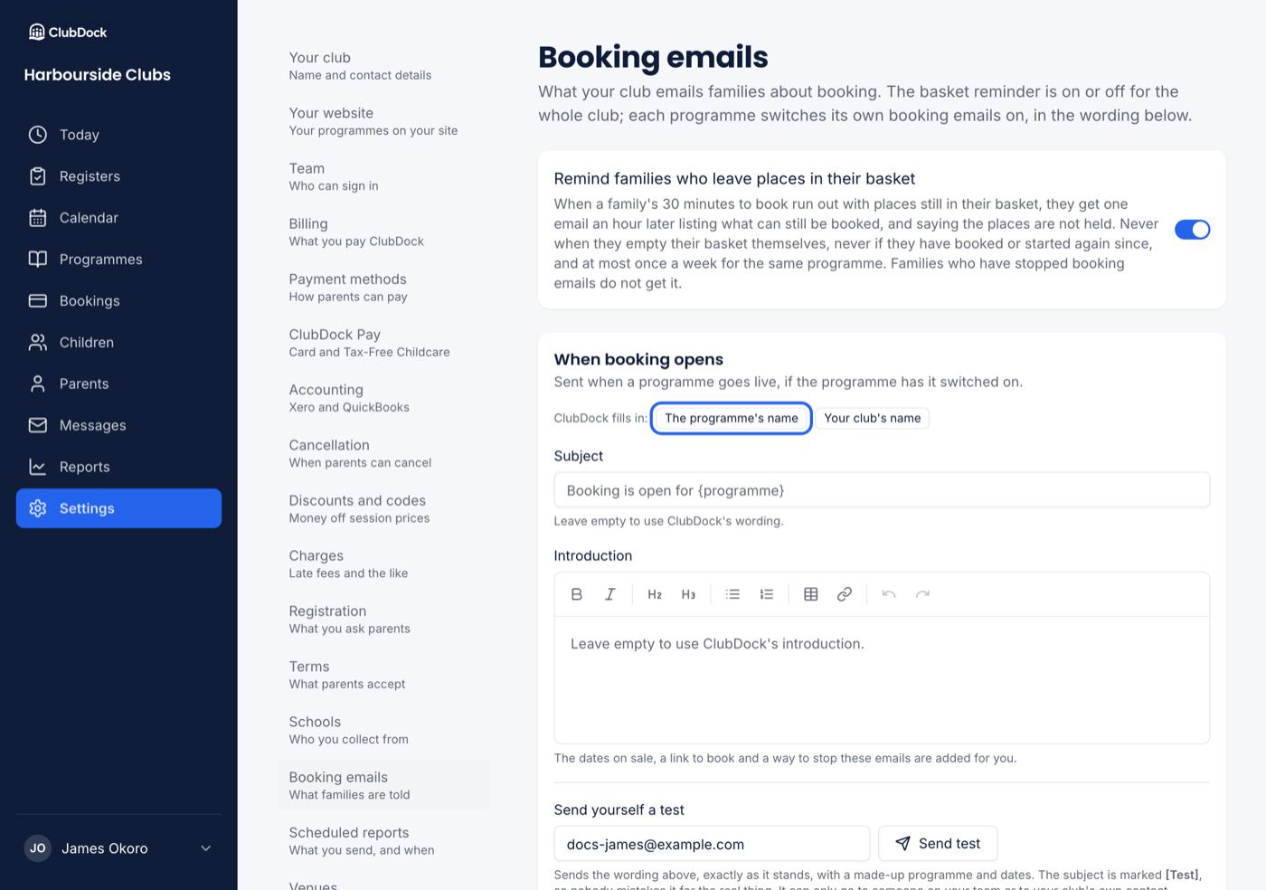Settings, Booking emails, showing the subject and introduction for When booking opens with The programme's name and Your club's name buttons