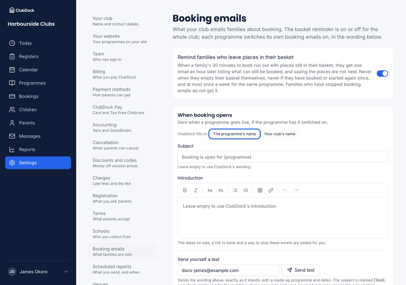 Settings, Booking emails, showing the subject and introduction for When booking opens with The programme's name and Your club's name buttons