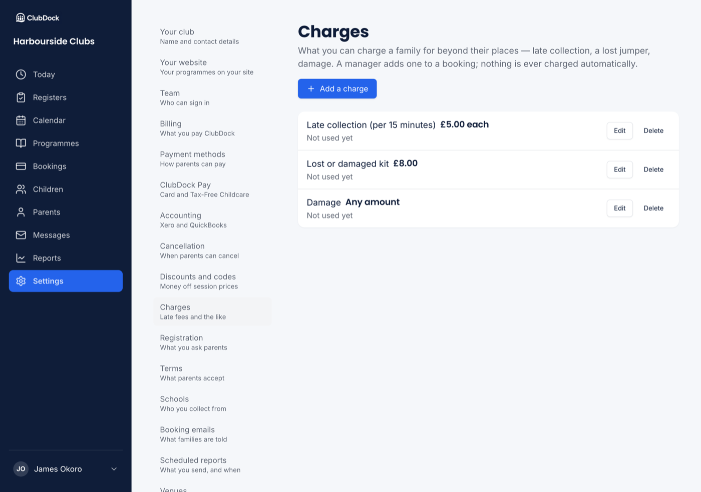 Settings, Charges, showing three charges with their prices