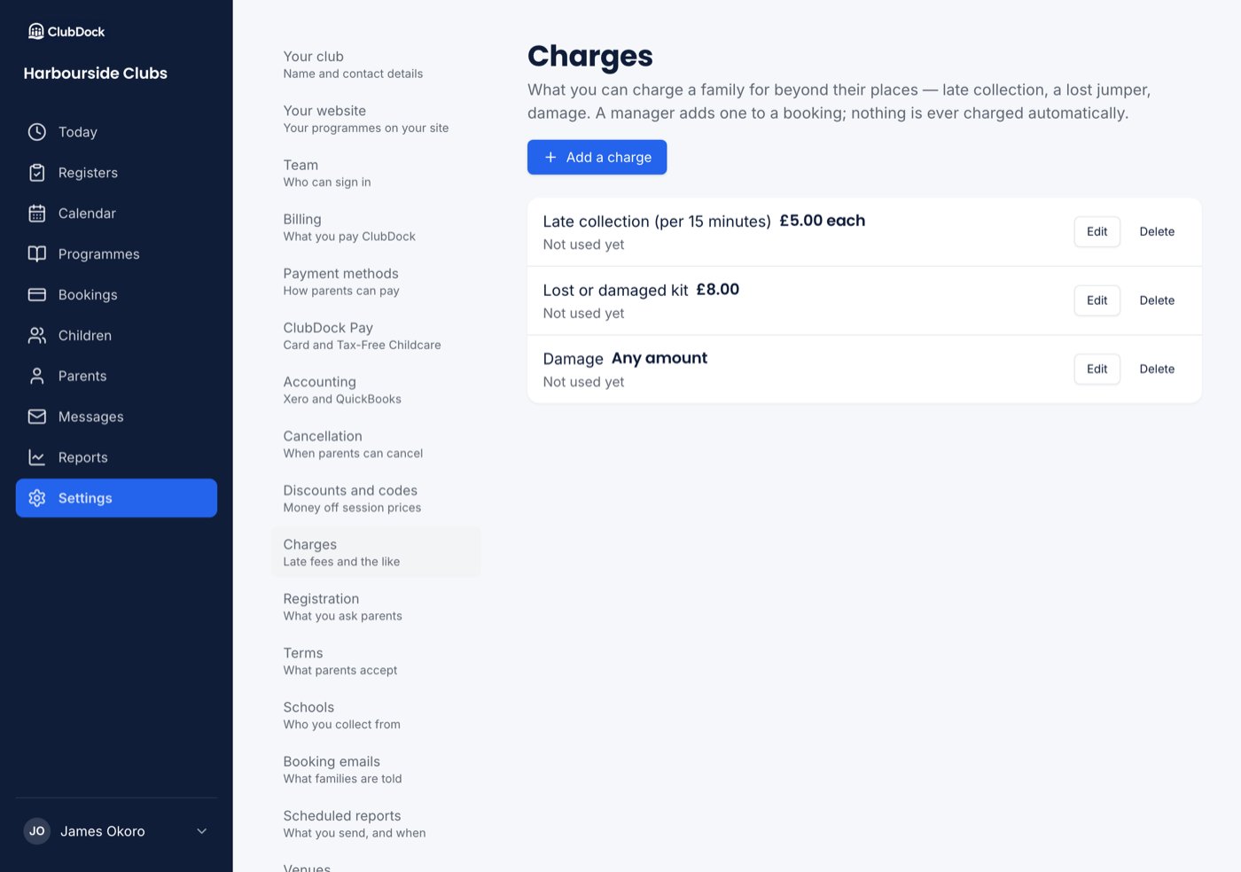 Settings, Charges, showing three charges with their prices