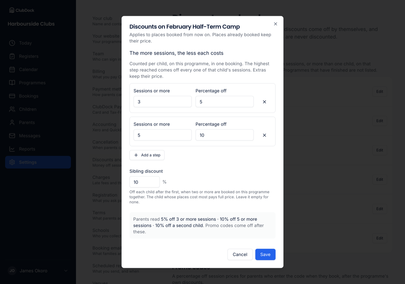 The discounts dialog for a holiday camp, with two steps for more sessions and a 10% sibling discount