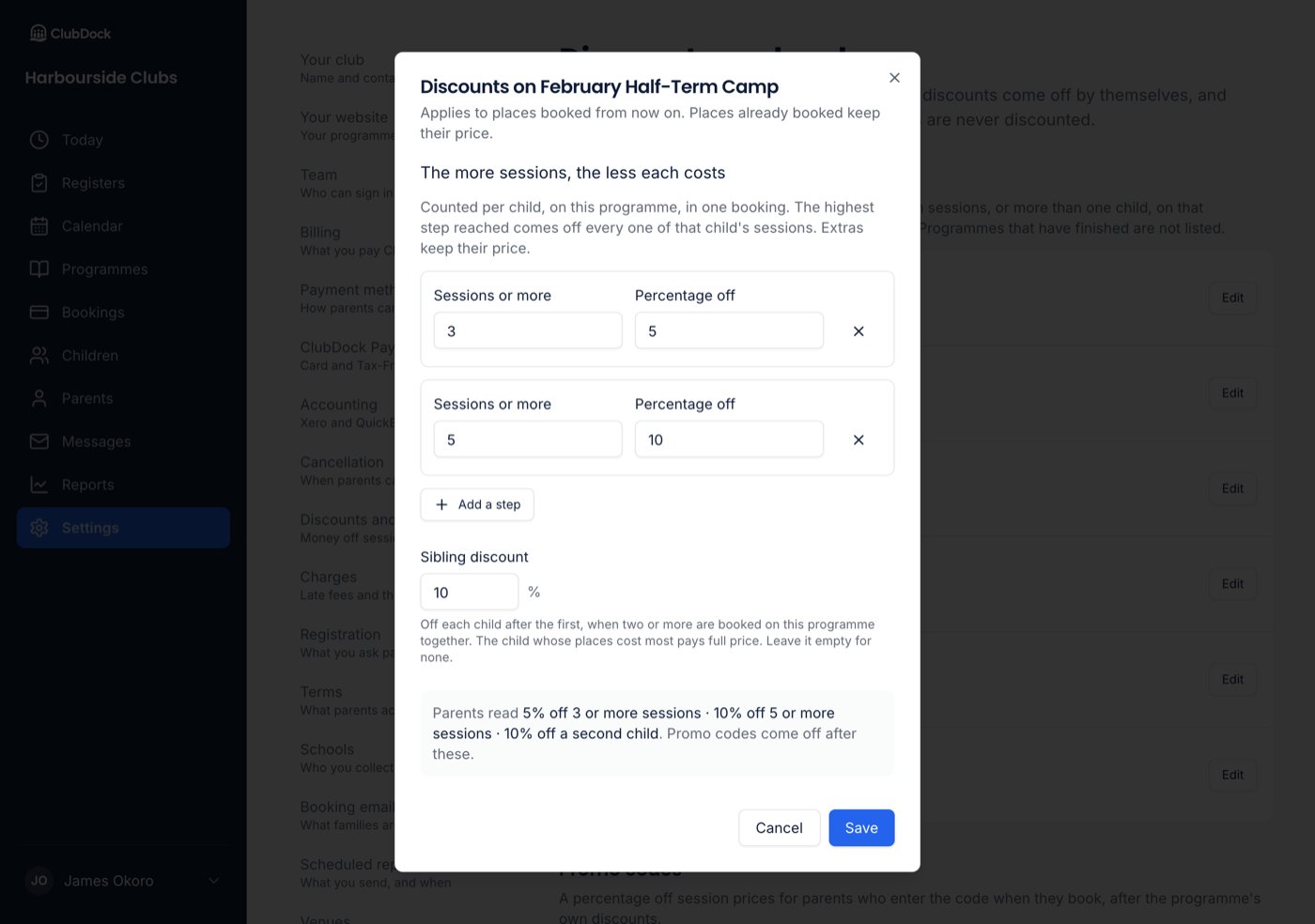 The discounts dialog for a holiday camp, with two steps for more sessions and a 10% sibling discount