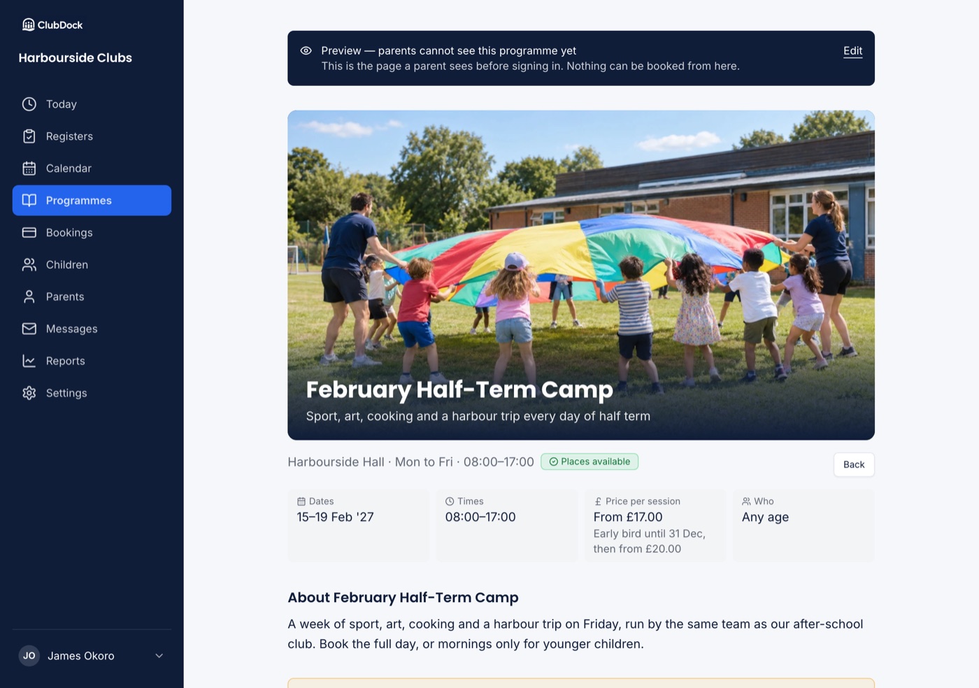 The preview of a holiday camp programme, with the preview banner saying parents can't see it yet