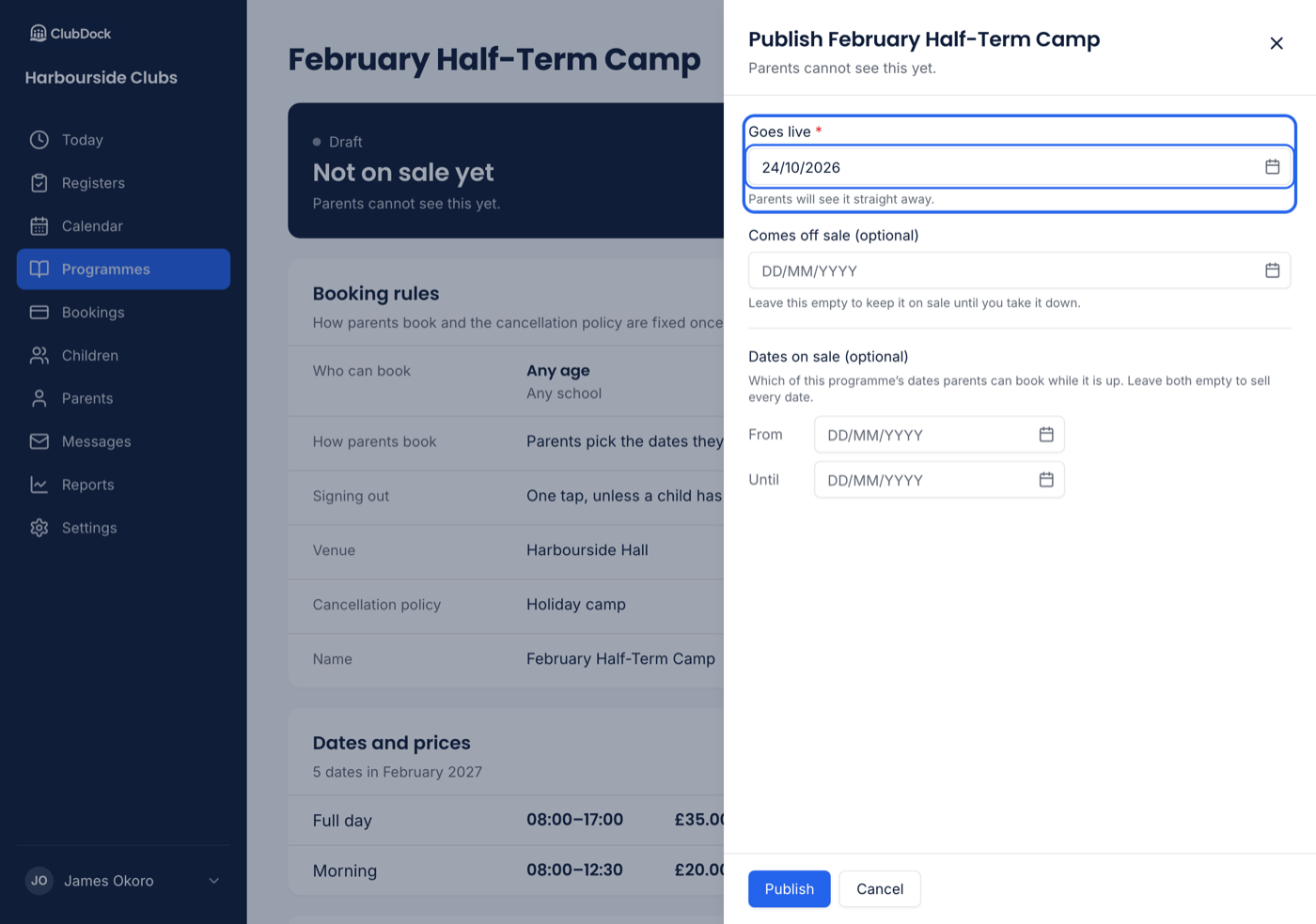 The Publish dialog with Goes live set to today and Comes off sale empty