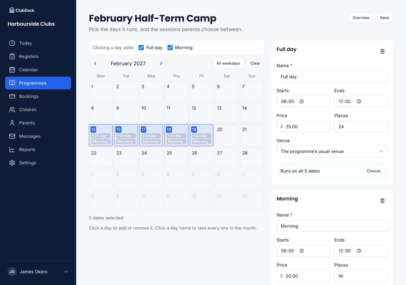 The dates page for a holiday camp, with the calendar showing selected weekdays and two session cards beside it