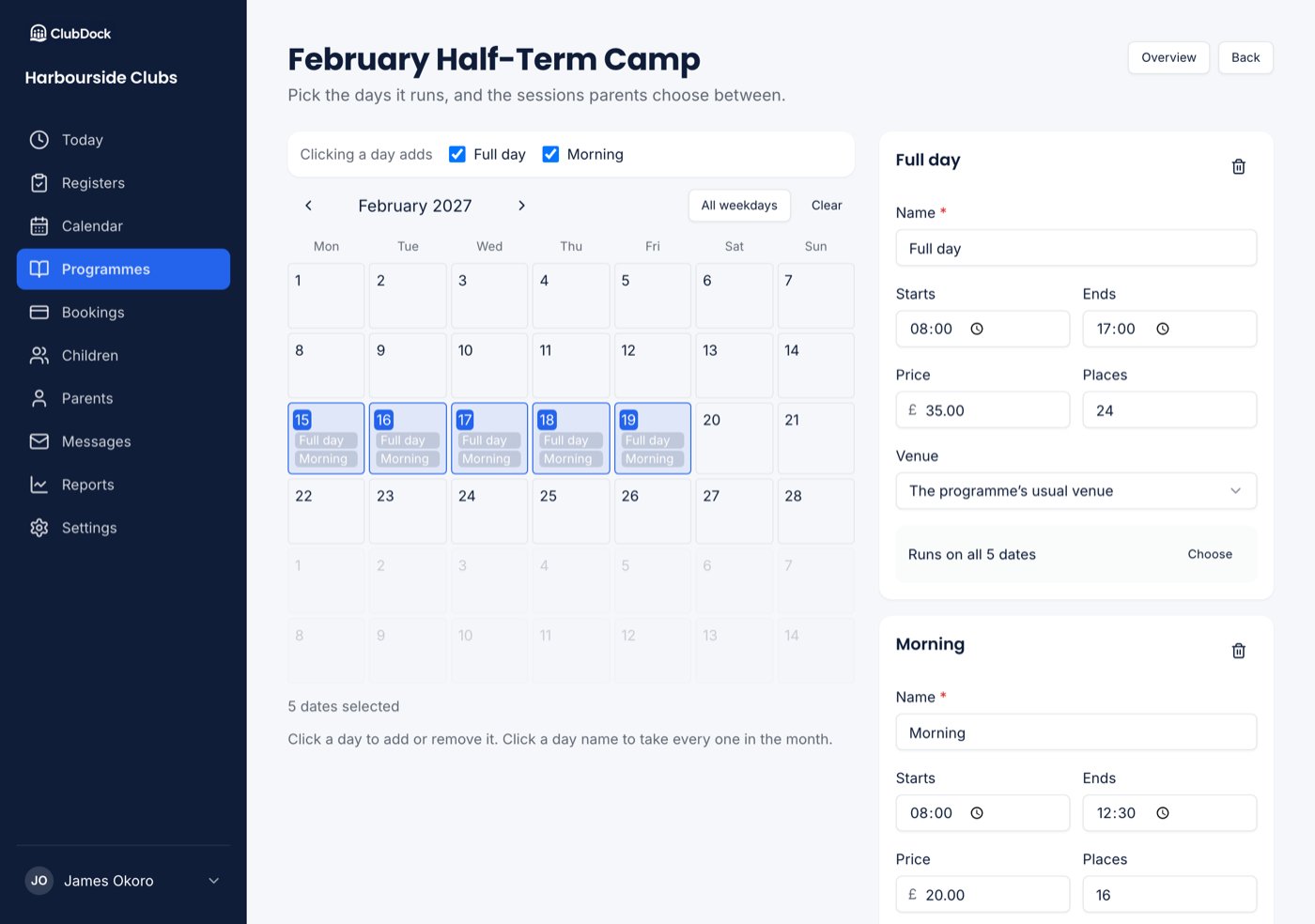 The dates page for a holiday camp, with the calendar showing selected weekdays and two session cards beside it