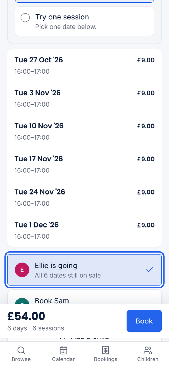 A whole-block programme page on a phone, showing "Who is going?" with one child chosen and the block total