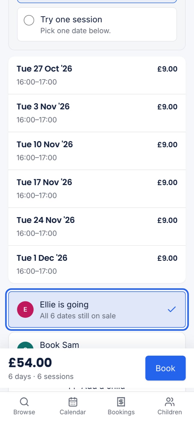 A whole-block programme page on a phone, showing "Who is going?" with one child chosen and the block total