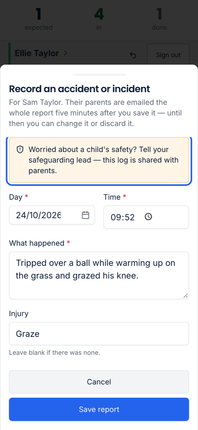 The accident form on a phone, with the safeguarding reminder at the top highlighted