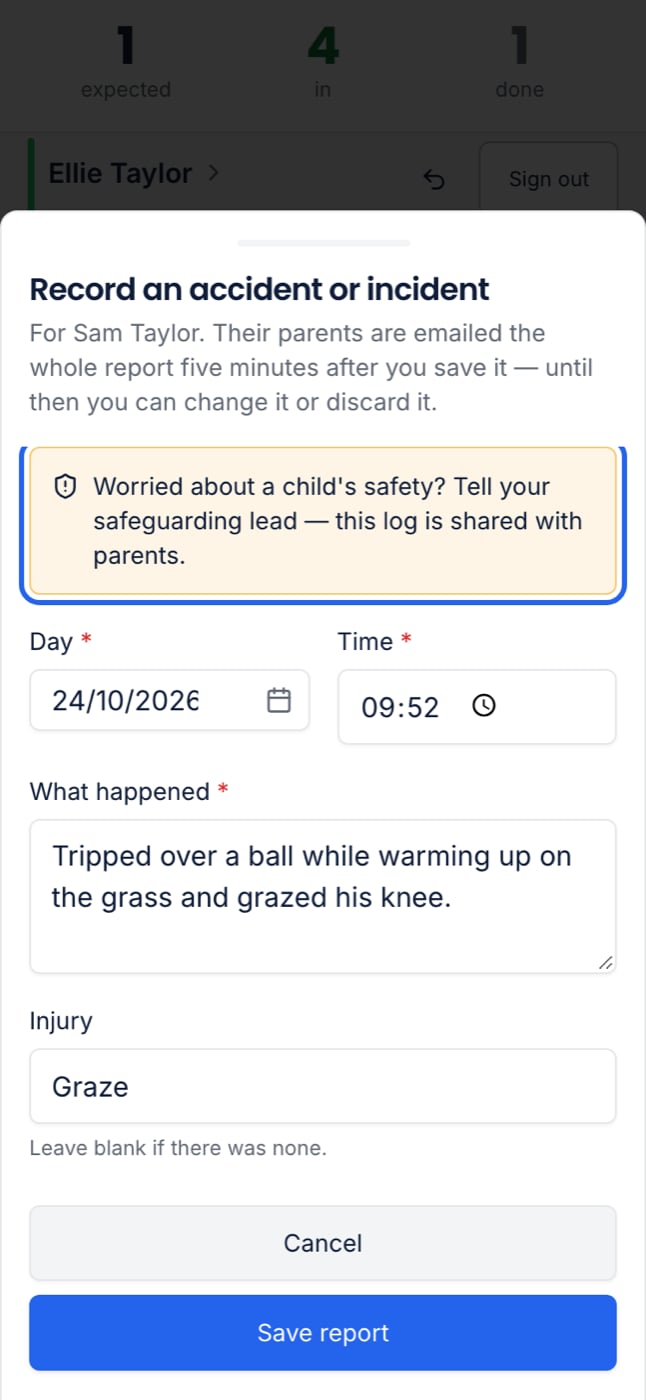 The accident form on a phone, with the safeguarding reminder at the top highlighted