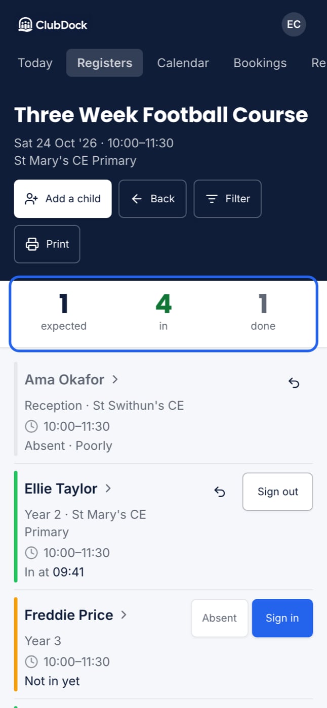A register on a phone, with the expected / in / done counts highlighted