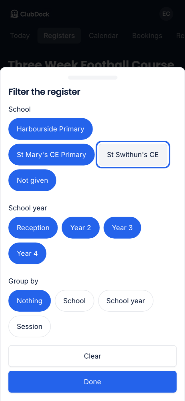 The register filter on a phone, with one school turned off