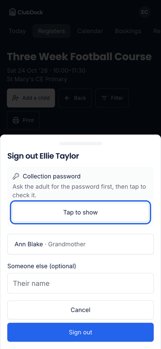 The sign-out sheet with the collection password hidden behind Tap to show