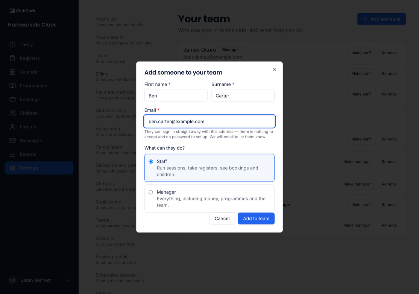The Add someone to your team dialog, with the Staff and Manager choices