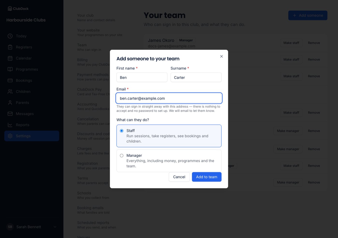 The Add someone to your team dialog, with the Staff and Manager choices