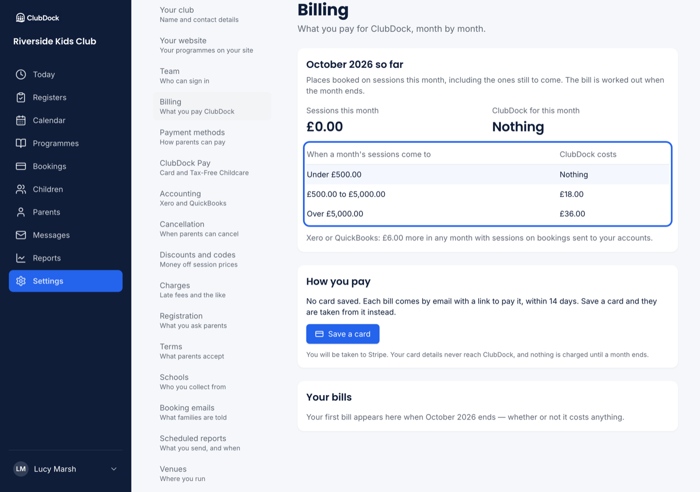 The Billing page showing Sessions this month, the three bands and Your bills