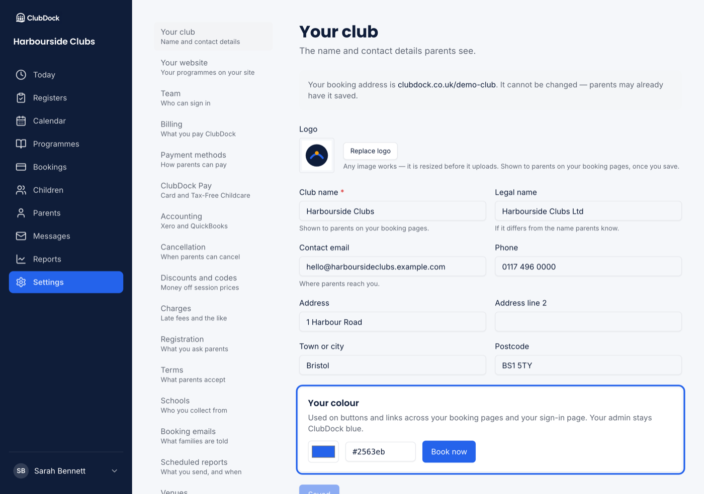 The Your club page showing the logo and Your colour sections