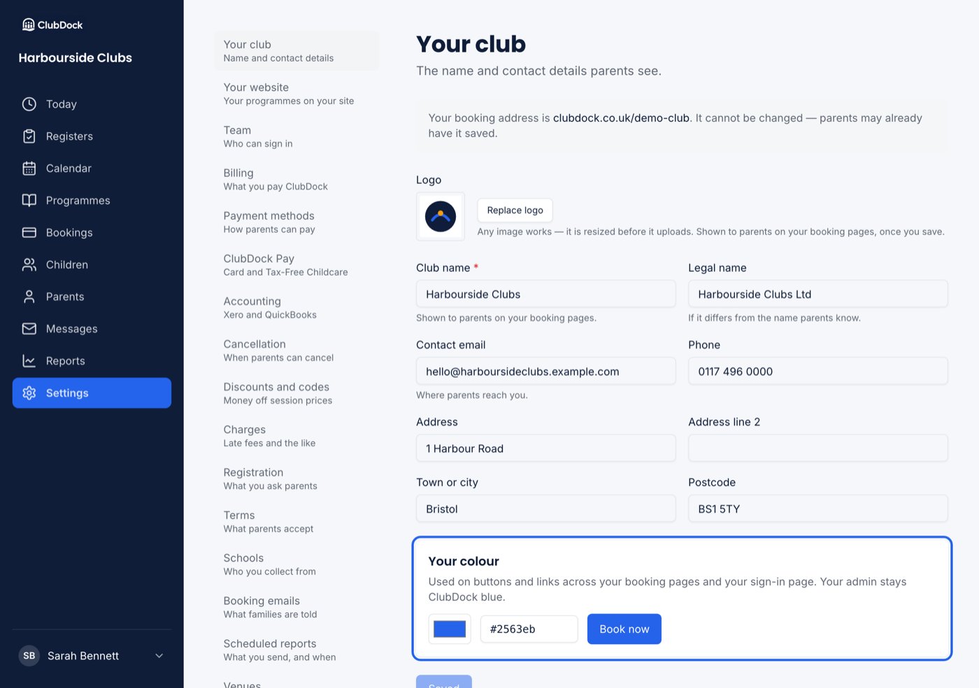 The Your club page showing the logo and Your colour sections