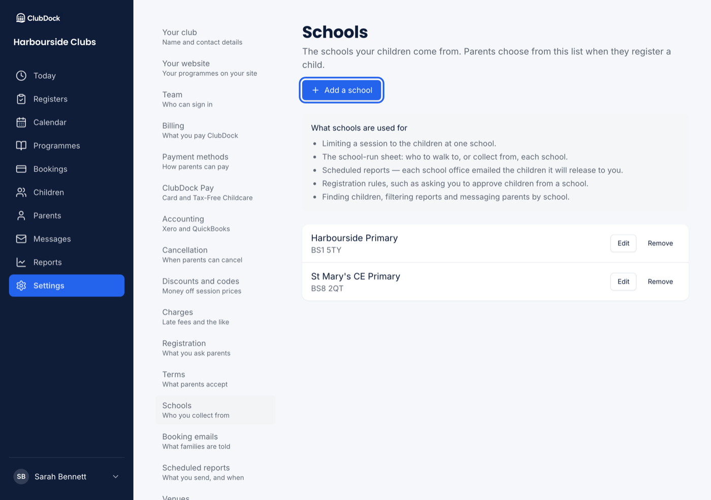 The Schools page with two schools listed and the Add a school button highlighted