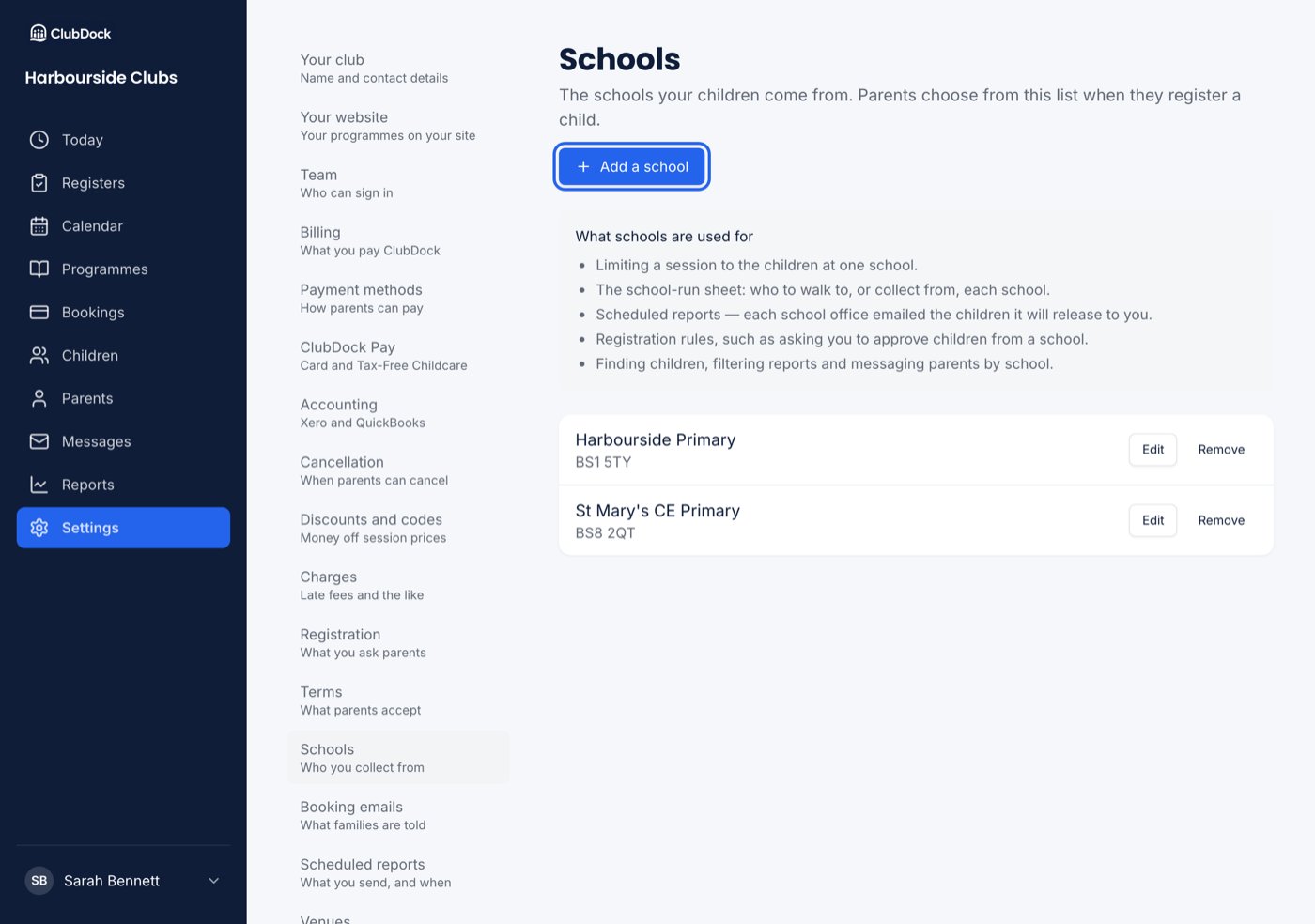 The Schools page with two schools listed and the Add a school button highlighted
