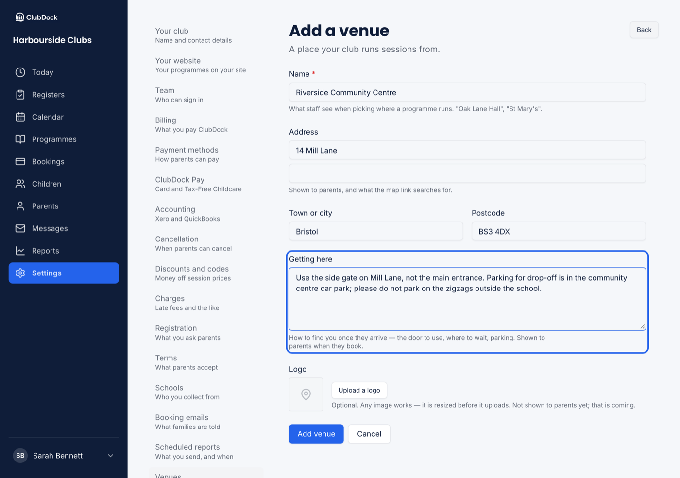 The Add a venue form with Getting here filled in