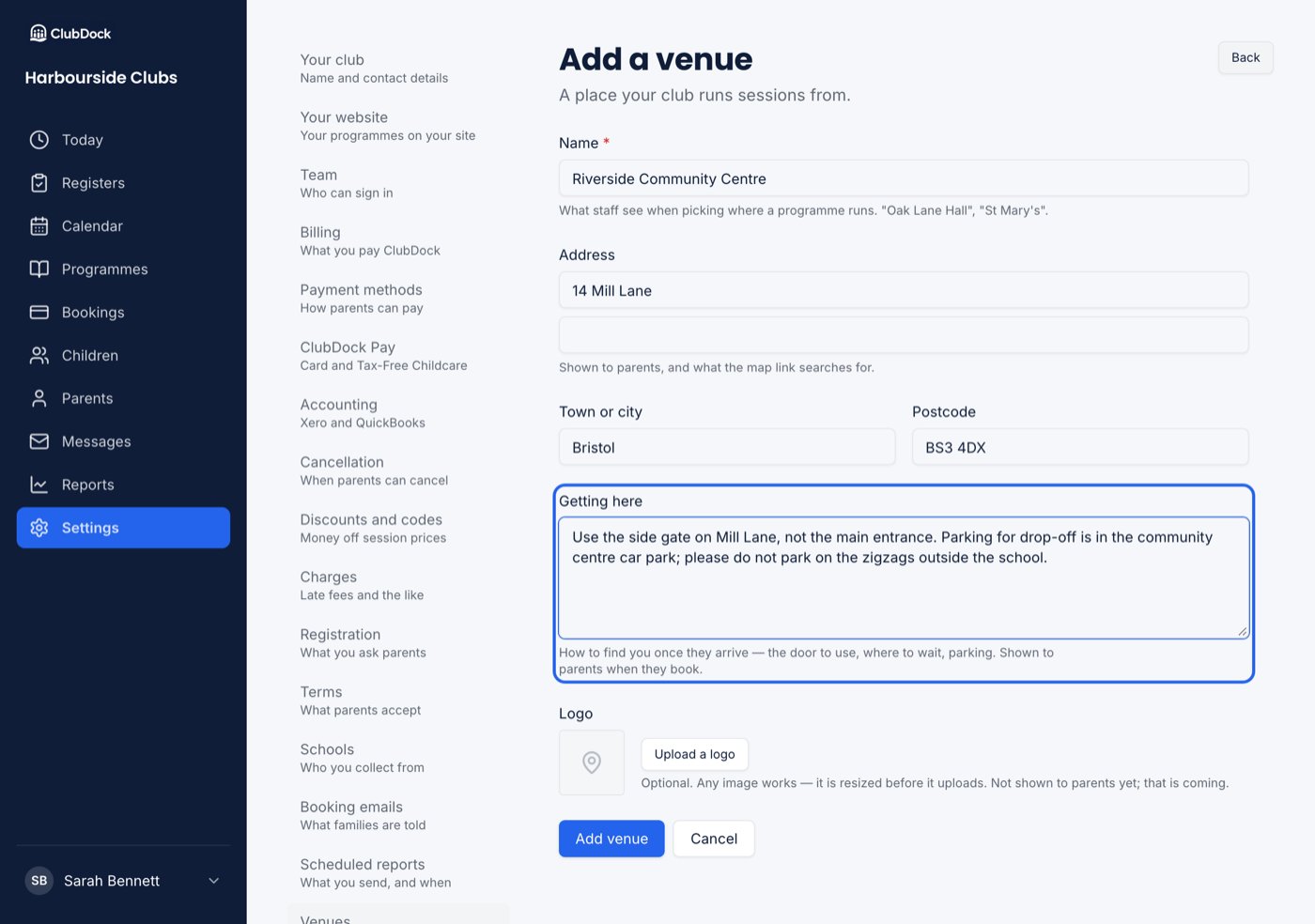 The Add a venue form with Getting here filled in