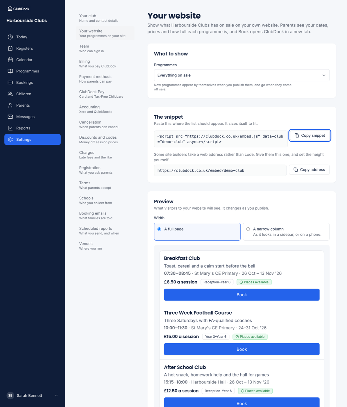 Settings, Your website, showing What to show, the snippet with Copy snippet, and the live preview