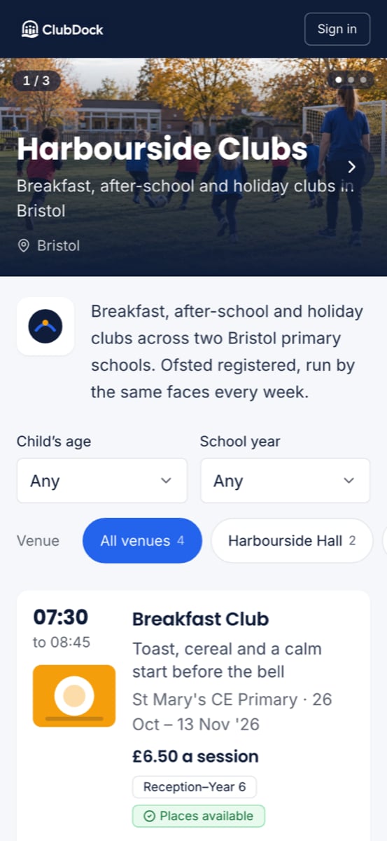 The Harbourside Clubs page on a phone, showing the cover photo and the timetable of programmes