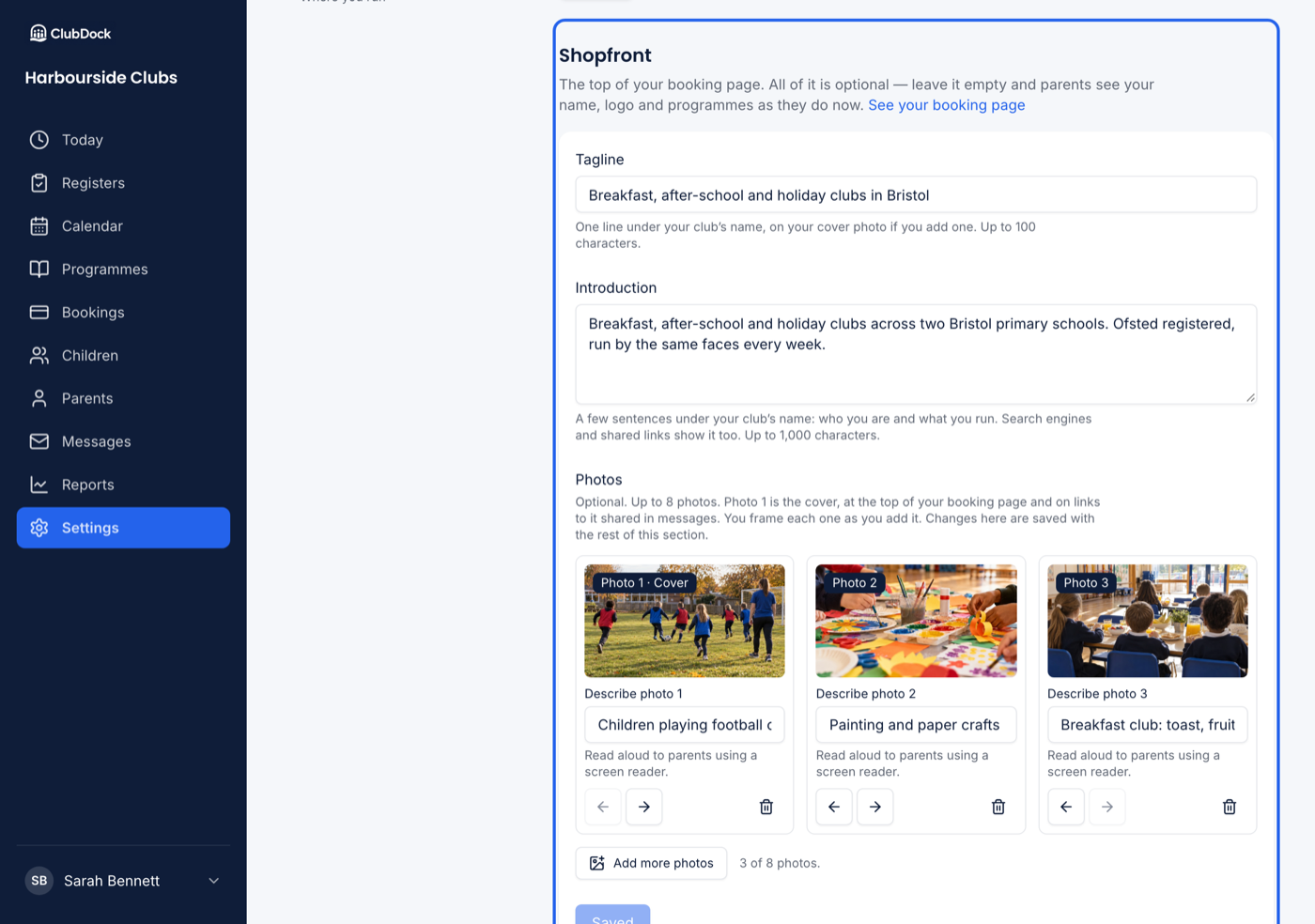 Settings, Your club, showing the Shopfront section with a tagline, introduction and three photos