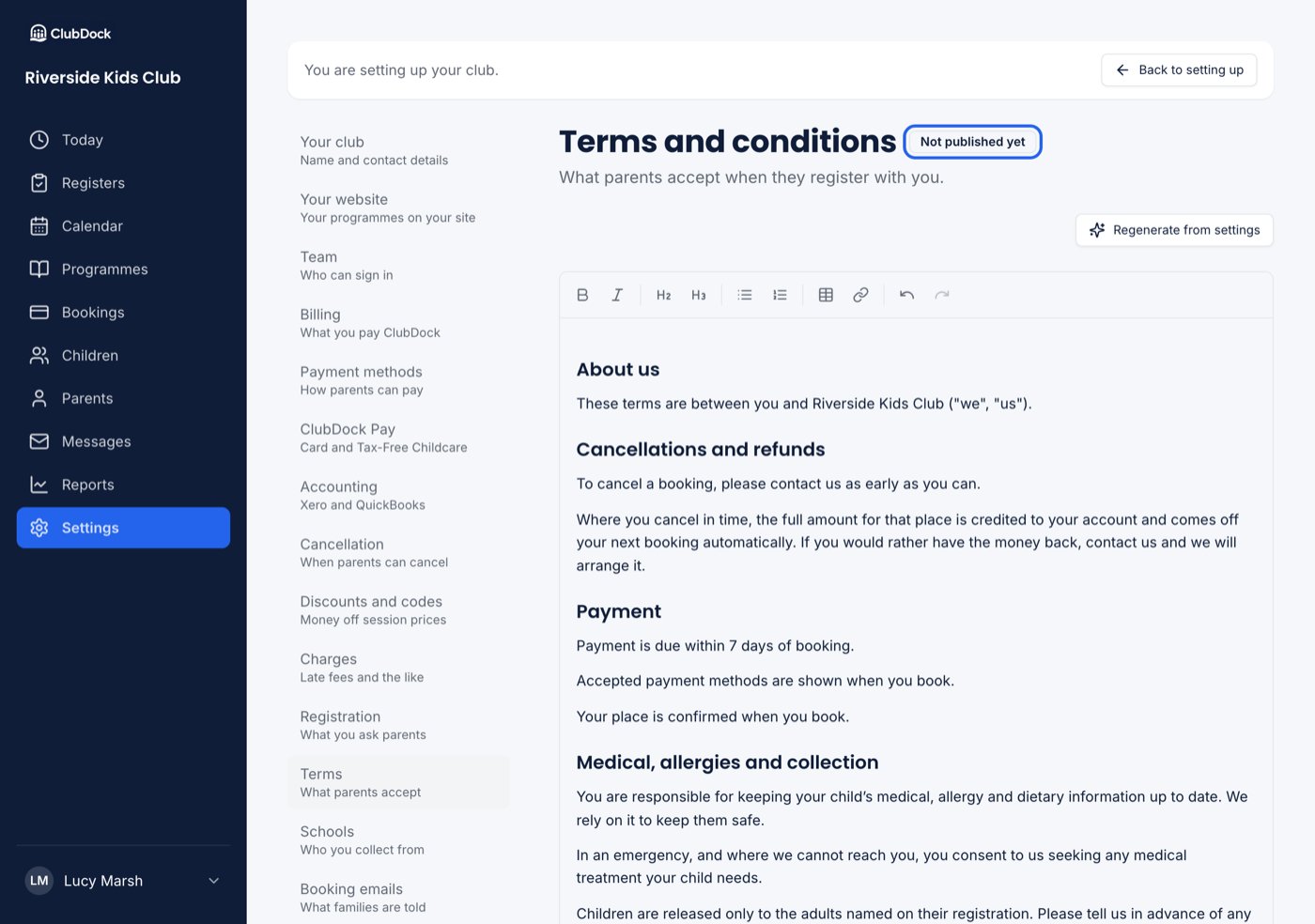 Settings, Terms, with a generated draft in the editor and the draft notice above it