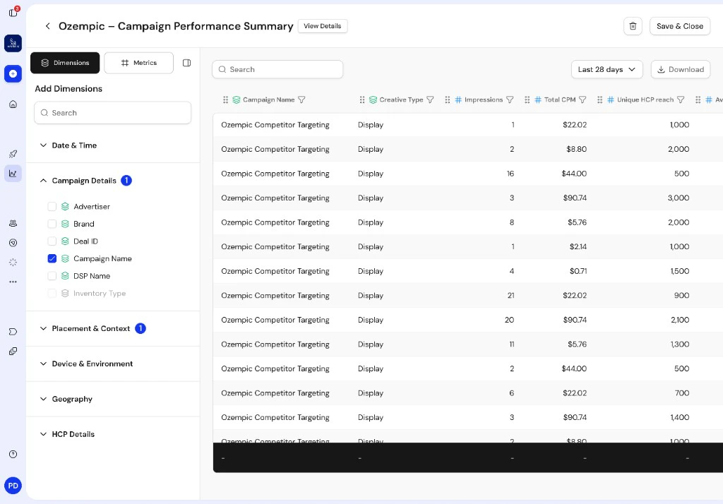 Campaign report builder with a dimensions and metrics panel on the left, a date range and download controls above a data table, and column headers for dimensions and metrics.