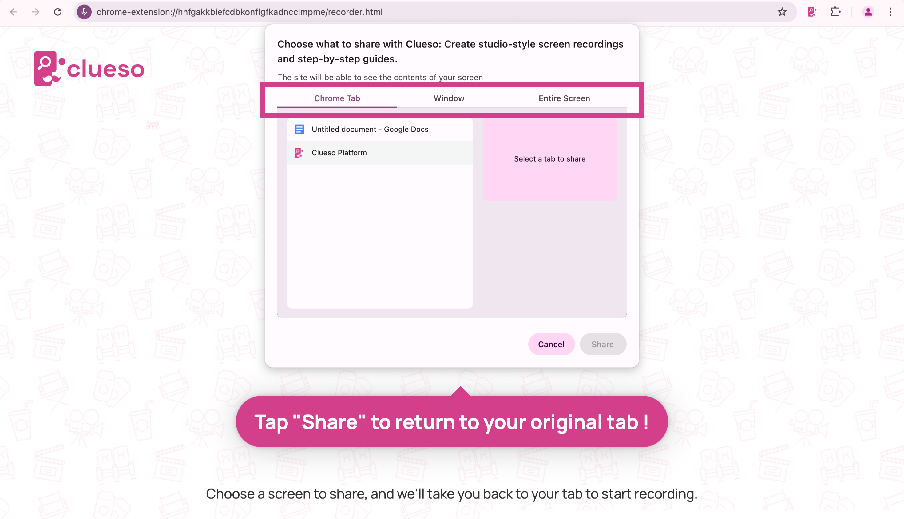 Choosing a screen to share - Clueso Docs